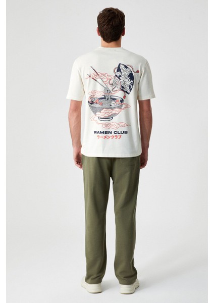 Ramen Erkek %100 Organik Pamuk Baskı Detaylı Comfort Bisiklet Yaka Vanilya T-Shirt indirimleri