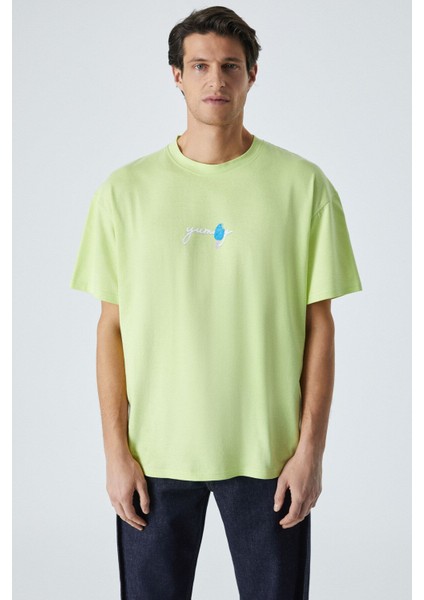 Yummy Erkek Bisiklet Yaka Baskı Detaylı Organik Pamuk Kısa Kol Açık Yeşil T-Shirt