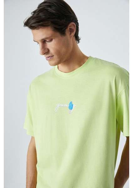 Yummy Erkek Bisiklet Yaka Baskı Detaylı Organik Pamuk Kısa Kol Açık Yeşil T-Shirt