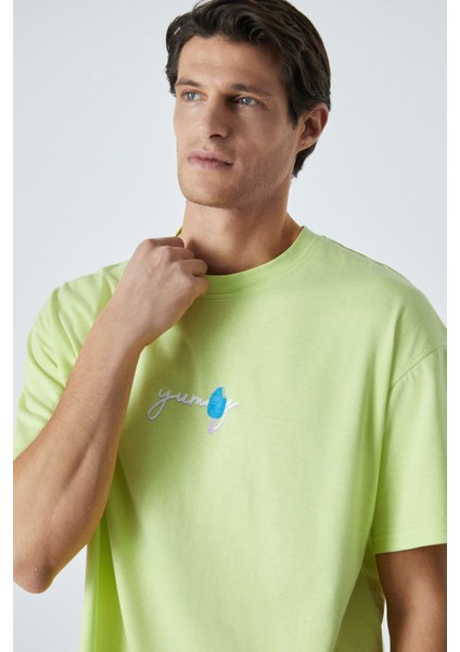Yummy Erkek Bisiklet Yaka Baskı Detaylı Organik Pamuk Kısa Kol Açık Yeşil T-Shirt