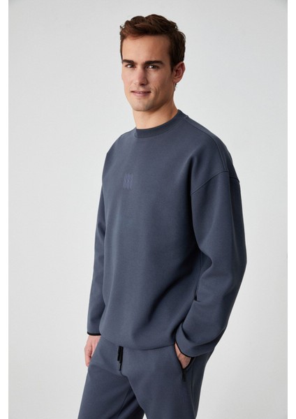 PLEMON Erkek Bisiklet Yaka Uzun Kol Baskı Detaylı Oversize Gri Sweatshirt