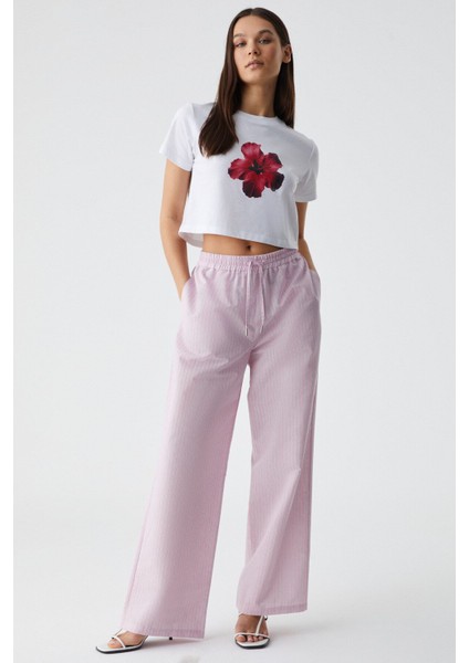 Nılah Kadın Oversize Yüksek Bel Geniş Paça Beyaz / Pembe Pantolon
