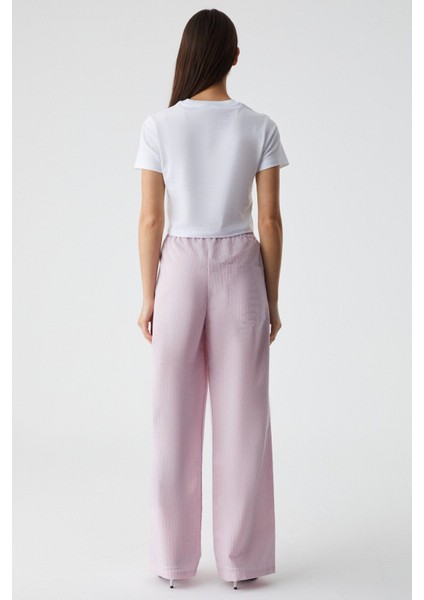 Nılah Kadın Oversize Yüksek Bel Geniş Paça Beyaz / Pembe Pantolon