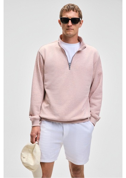 Nestor Erkek Relaxed Fit Dik Yakalı Yarım Fermuarlı Uzun Kollu Pembe Melanj Sweatshirt