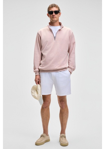 Nestor Erkek Relaxed Fit Dik Yakalı Yarım Fermuarlı Uzun Kollu Pembe Melanj Sweatshirt fiyatları