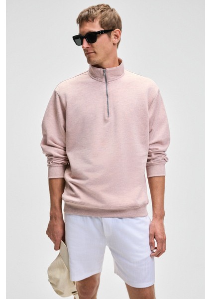 Nestor Erkek Relaxed Fit Dik Yakalı Yarım Fermuarlı Uzun Kollu Pembe Melanj Sweatshirt modelleri