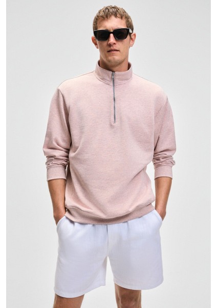 Nestor Erkek Relaxed Fit Dik Yakalı Yarım Fermuarlı Uzun Kollu Pembe Melanj Sweatshirt fırsatları