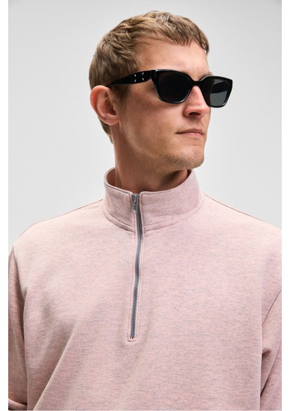 Nestor Erkek Relaxed Fit Dik Yakalı Yarım Fermuarlı Uzun Kollu Pembe Melanj Sweatshirt indirimleri