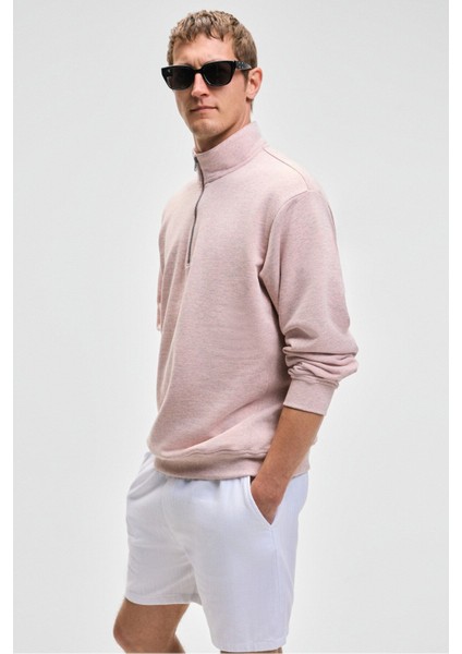 Nestor Erkek Relaxed Fit Dik Yakalı Yarım Fermuarlı Uzun Kollu Pembe Melanj Sweatshirt