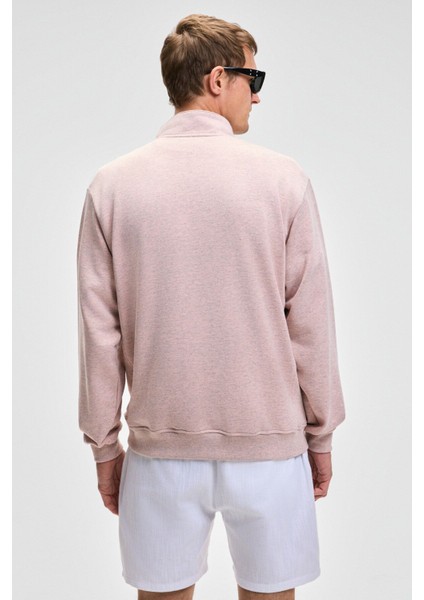 Nestor Erkek Relaxed Fit Dik Yakalı Yarım Fermuarlı Uzun Kollu Pembe Melanj Sweatshirt