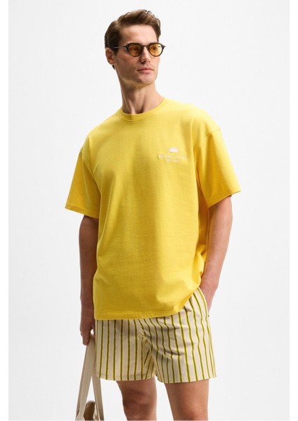 Khary Erkek Nakış Detaylı %100 Organik Pamuk Oversize Bisiklet Yaka Sarı T-Shirt modelleri