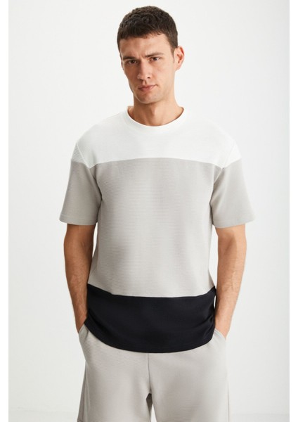KARNOX Erkek Yuvarlak Yaka Kısa Kol Regular Fit Ekru/Bej/Siyah T-Shirt