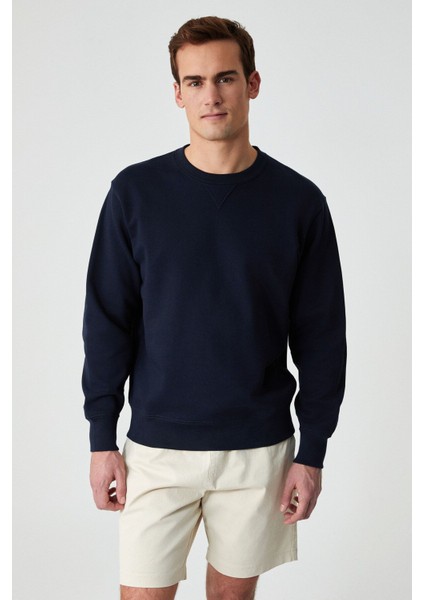 BONELL Erkek %100 Pamuk Relaxed Bisiklet Yaka Uzun Kollu Lacivert Sweatshirt