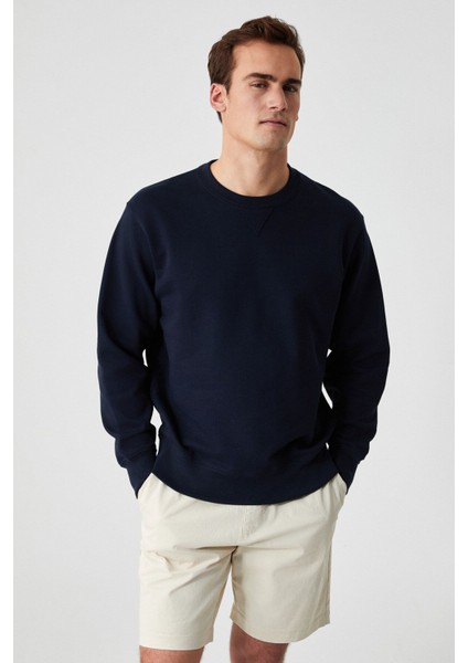 BONELL Erkek %100 Pamuk Relaxed Bisiklet Yaka Uzun Kollu Lacivert Sweatshirt modelleri