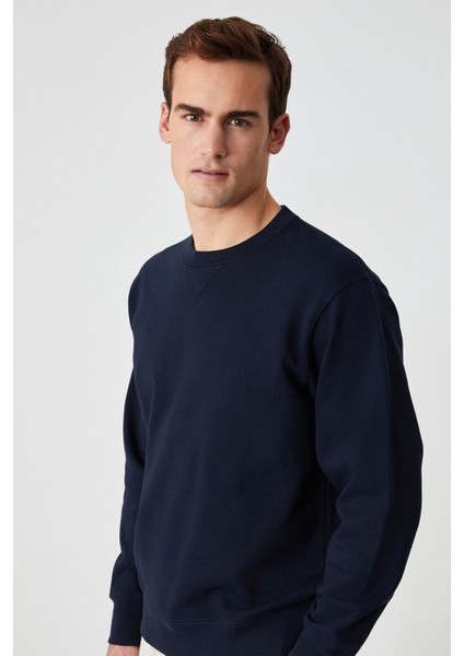 BONELL Erkek %100 Pamuk Relaxed Bisiklet Yaka Uzun Kollu Lacivert Sweatshirt fırsatları