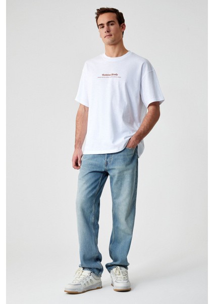 Boletus Erkek Baskı Detaylı Organik Pamuk Oversize Bisiklet Yaka Kısa Kol Beyaz T-Shirt