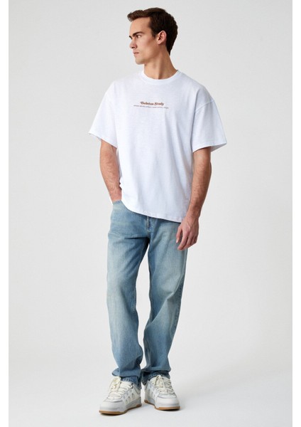 Boletus Erkek Baskı Detaylı Organik Pamuk Oversize Bisiklet Yaka Kısa Kol Beyaz T-Shirt