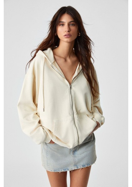 NISPORENI Kadın Oversize Fit Kapüşonlu %100 Organik Pamuk 3 İplik Krem Sweatshirt