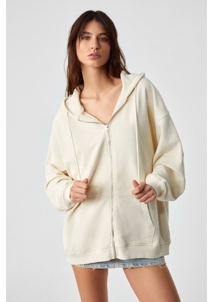 NISPORENI Kadın Oversize Fit Kapüşonlu %100 Organik Pamuk 3 İplik Krem Sweatshirt