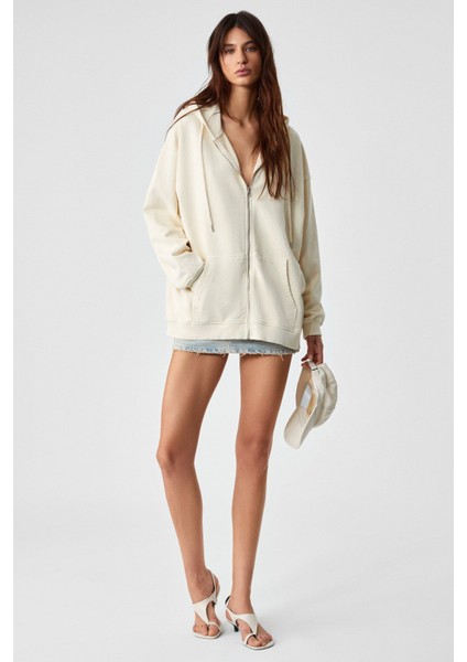 NISPORENI Kadın Oversize Fit Kapüşonlu %100 Organik Pamuk 3 İplik Krem Sweatshirt