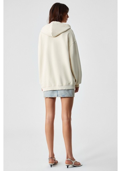 NISPORENI Kadın Oversize Fit Kapüşonlu %100 Organik Pamuk 3 İplik Krem Sweatshirt