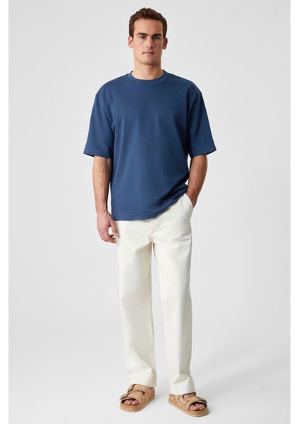 Solo Erkek Organik Pamuklu Kalın Dokulu Comfort Fit Bisiklet Yakalı Navy T-Shirt