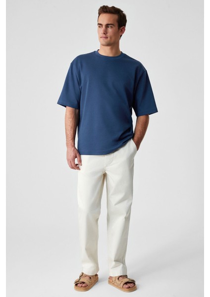 Solo Erkek Organik Pamuklu Kalın Dokulu Comfort Fit Bisiklet Yakalı Navy T-Shirt