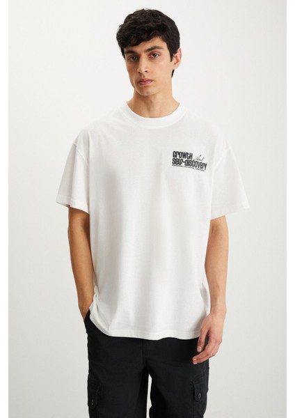 DERIVO Erkek Pamuk Bisiklet Yaka Baskılı Ekru T-Shirt