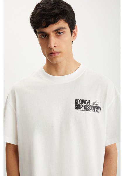 DERIVO Erkek Pamuk Bisiklet Yaka Baskılı Ekru T-Shirt