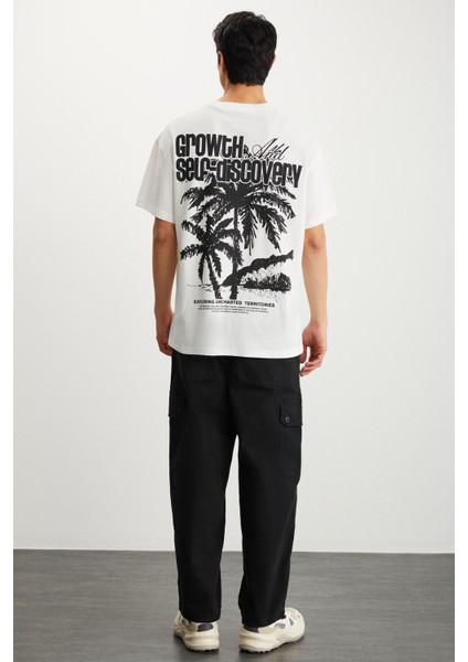 DERIVO Erkek Pamuk Bisiklet Yaka Baskılı Ekru T-Shirt