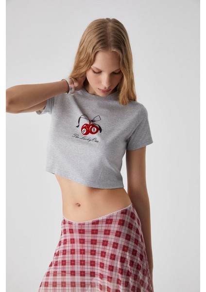 Zennı Kadın Bisiklet Yaka Regular Baskılı Grimelanj T-shirt