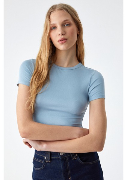 PERSSORE Kadın Bisiklet Yaka Kısa Kol Mavi T-Shirt modelleri