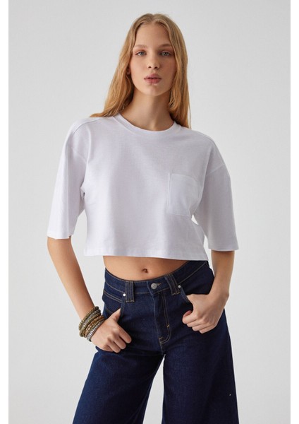 QEFKOP Kadın %100 Pamuk Bisiklet Yaka Oversize Beyaz T-Shirt