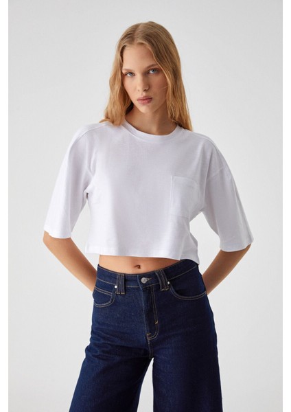 QEFKOP Kadın %100 Pamuk Bisiklet Yaka Oversize Beyaz T-Shirt fırsatları