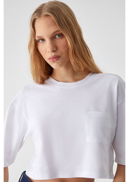 QEFKOP Kadın %100 Pamuk Bisiklet Yaka Oversize Beyaz T-Shirt indirimleri