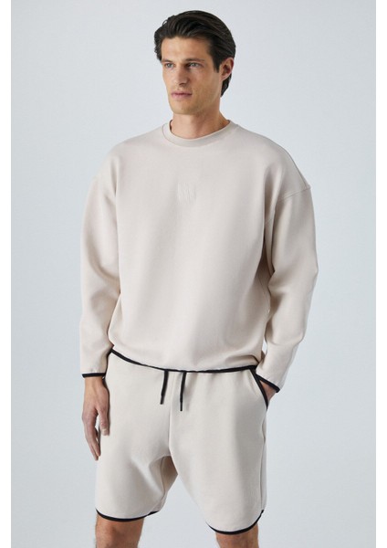 PLEMON Erkek Bisiklet Yaka Uzun Kol Baskı Detaylı Oversize Taş Rengi Sweatshirt