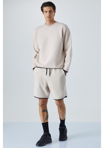 PLEMON Erkek Bisiklet Yaka Uzun Kol Baskı Detaylı Oversize Taş Rengi Sweatshirt fiyatları