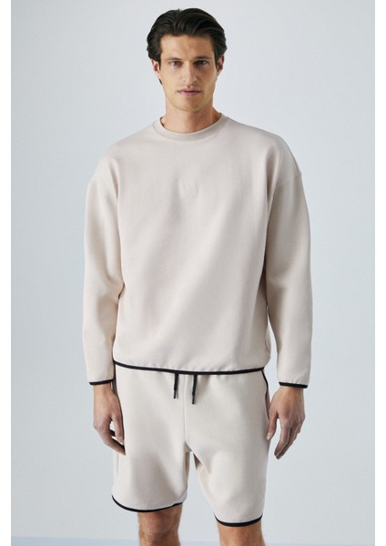 PLEMON Erkek Bisiklet Yaka Uzun Kol Baskı Detaylı Oversize Taş Rengi Sweatshirt modelleri