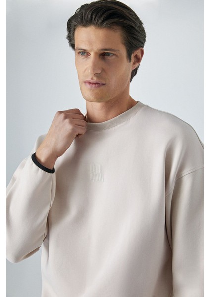 PLEMON Erkek Bisiklet Yaka Uzun Kol Baskı Detaylı Oversize Taş Rengi Sweatshirt fırsatları