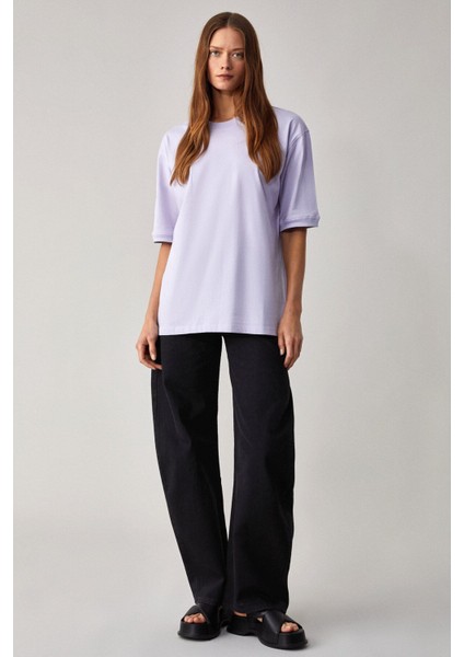 Betsy Kadın %100 Pamuk Bisiklet Yaka Kısa Kollu Fit Relaxed Lila T-Shirt fiyatları