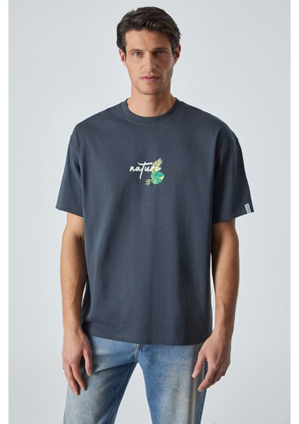 Yummy Erkek Bisiklet Yaka Baskı Detaylı Organik Pamuk Kısa Kol Antrasit T-Shirt