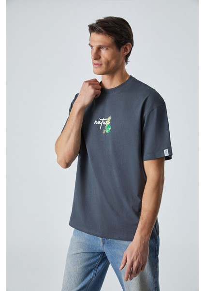 Yummy Erkek Bisiklet Yaka Baskı Detaylı Organik Pamuk Kısa Kol Antrasit T-Shirt modelleri