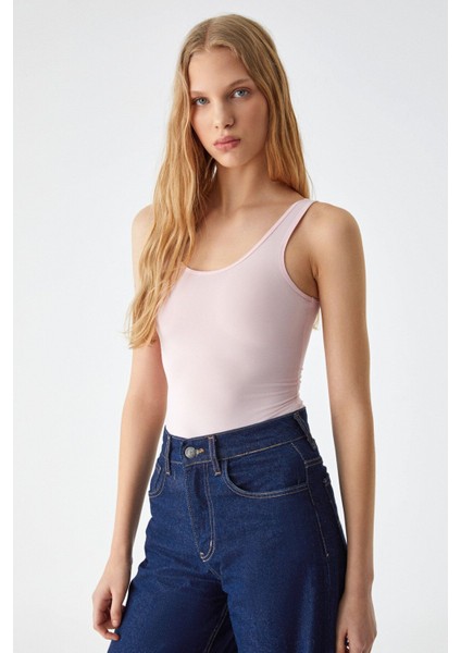 Chıles Kadın Slim Yuvarlak Yaka Kolsuz Çıtçıtlı Pembe Bluz
