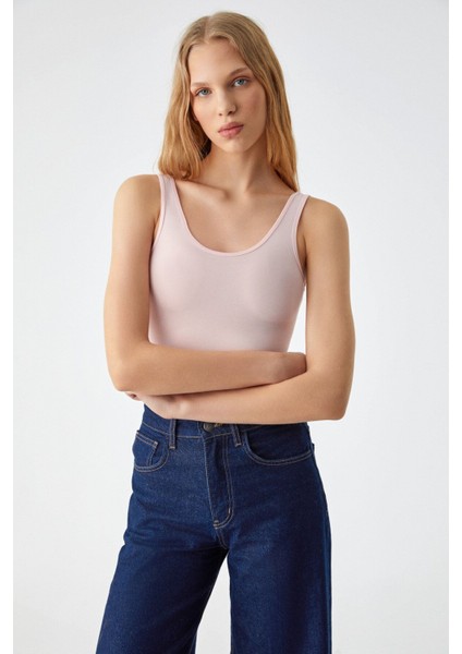 Chıles Kadın Slim Yuvarlak Yaka Kolsuz Çıtçıtlı Pembe Bluz