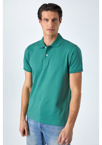 Monaghan Erkek Polo Yaka Relaxed Fit Patlı Düğmeli Kısa Kollu Yeşil T-Shirt