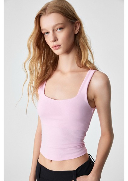 Sanukı Kadın Slim Kısa Oyuk Yaka Pembe Bluz