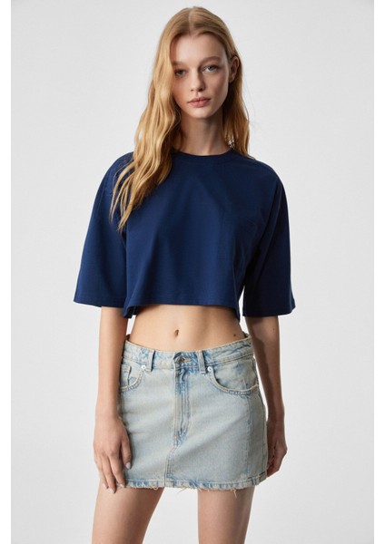 Qefkop Kadın %100 Pamuk Bisiklet Yaka Oversize Lacivert T-Shirt
