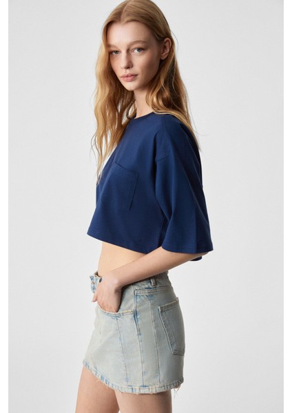 Qefkop Kadın %100 Pamuk Bisiklet Yaka Oversize Lacivert T-Shirt modelleri