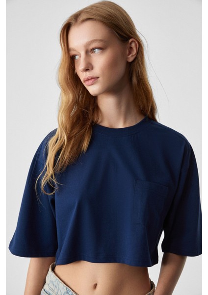 Qefkop Kadın %100 Pamuk Bisiklet Yaka Oversize Lacivert T-Shirt fırsatları