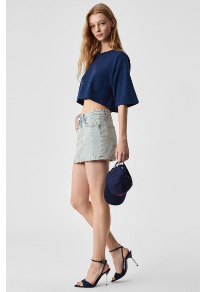 Qefkop Kadın %100 Pamuk Bisiklet Yaka Oversize Lacivert T-Shirt indirimleri